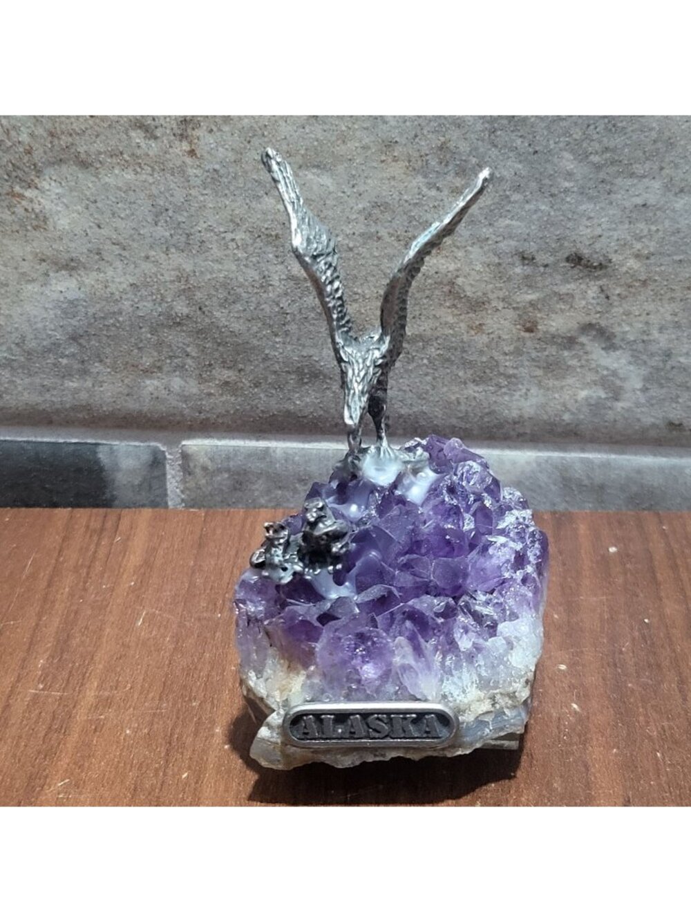 VTG Pewter Bald Eagle Mother and Eaglets Figurine Amethyst Crystal Cluster Alask